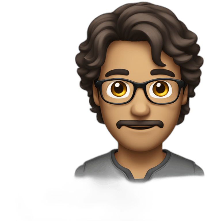 guy with curled mi-long hair, brune, with glasses, with small facial hair emoji