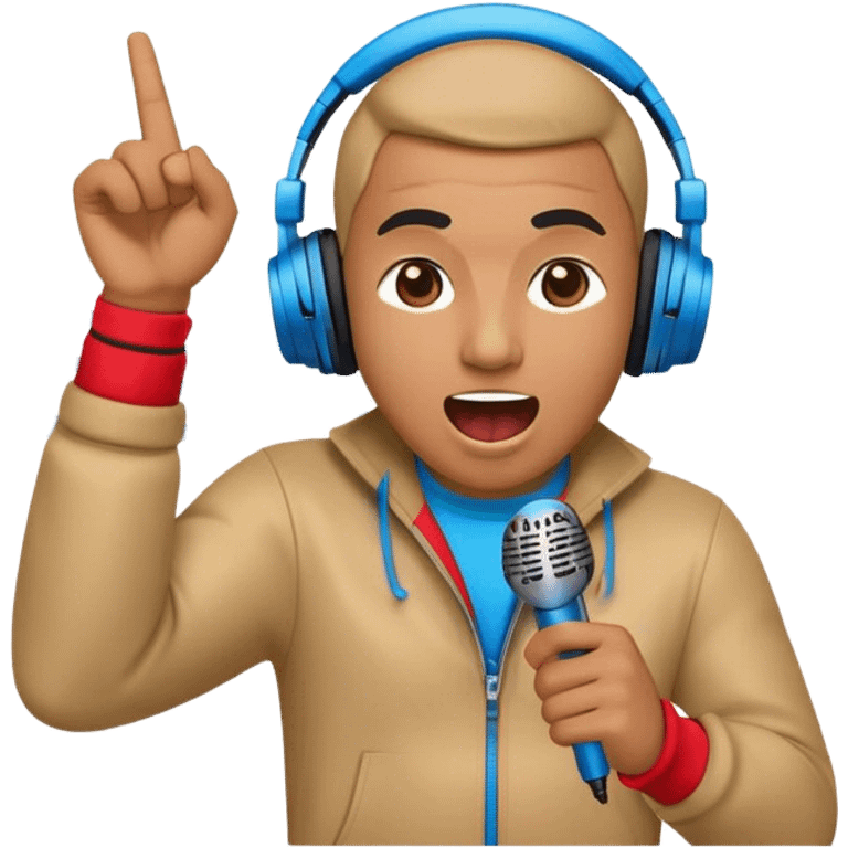 Create a dynamic and energetic emoji that represents beatboxing. The design should feature a microphone with soundwaves or rhythmic beats emanating from it, symbolizing the vocal percussion and rhythm of beatboxing. Add subtle elements like headphones or a beat pattern to reflect the technicality and creativity involved. Use bold, vibrant colors like neon blue, red, and yellow to convey the energy and street culture of beatboxing. The background should be transparent. emoji