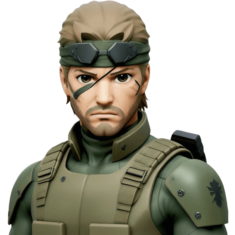 Cinematic Realistic Metal Gear Solid Snake Soldier Portrait, depicted with steely determination and tactical precision. Clad in intricately detailed combat attire in consistent muted greens, browns, and blacks, his rugged, weathered features and piercing eyes exude relentless resolve. Rendered with lifelike texture and dramatic, natural lighting, high shine, noble and stealthy, capturing the essence of a legendary soldier operating in the shadows. emoji