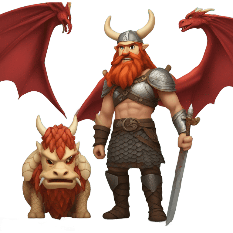 Viking red head dragon queen with a slain Viking solder with a man bun standing on a dragon flying over a volcano in a beautiful sky emoji