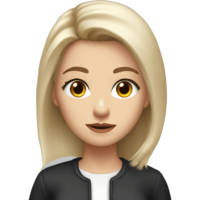 Slavic woman with blue eyes, eyes look up, fair skin, straight gradient medium length hair, eyes makeup, dressed in white T-shirt and office black jacket, one side of hair is tucked behind the ear. emoji