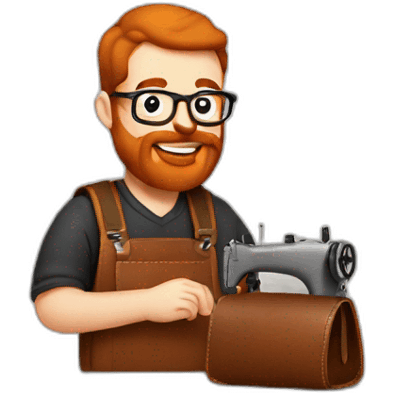 Red smooth haired man with beard and glasses sewing a leather bag by hand emoji