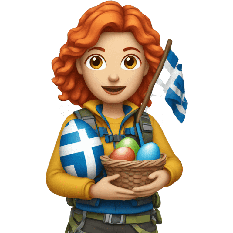 Female mountain climber red hair with Greek flag and holding Easter eggs basket emoji