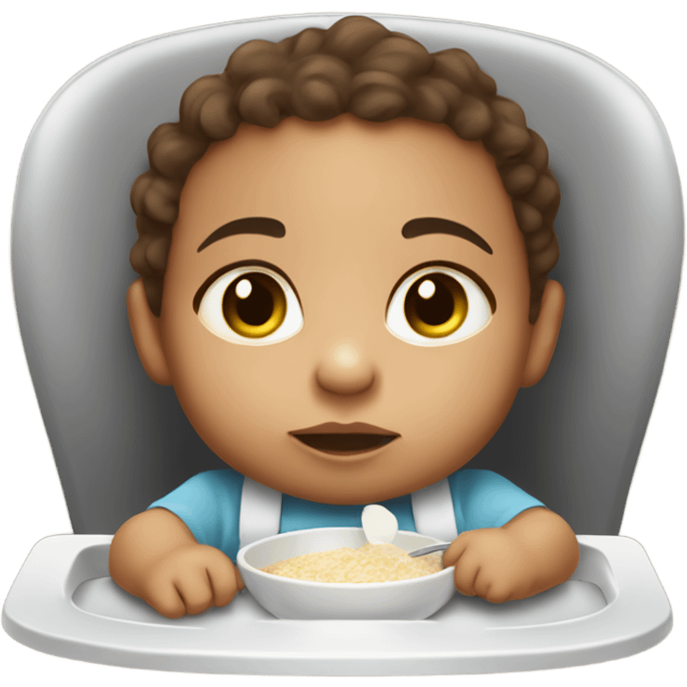 Baby eating porridge in high chair with brown hair, eyes and mixed race Jamaican  emoji