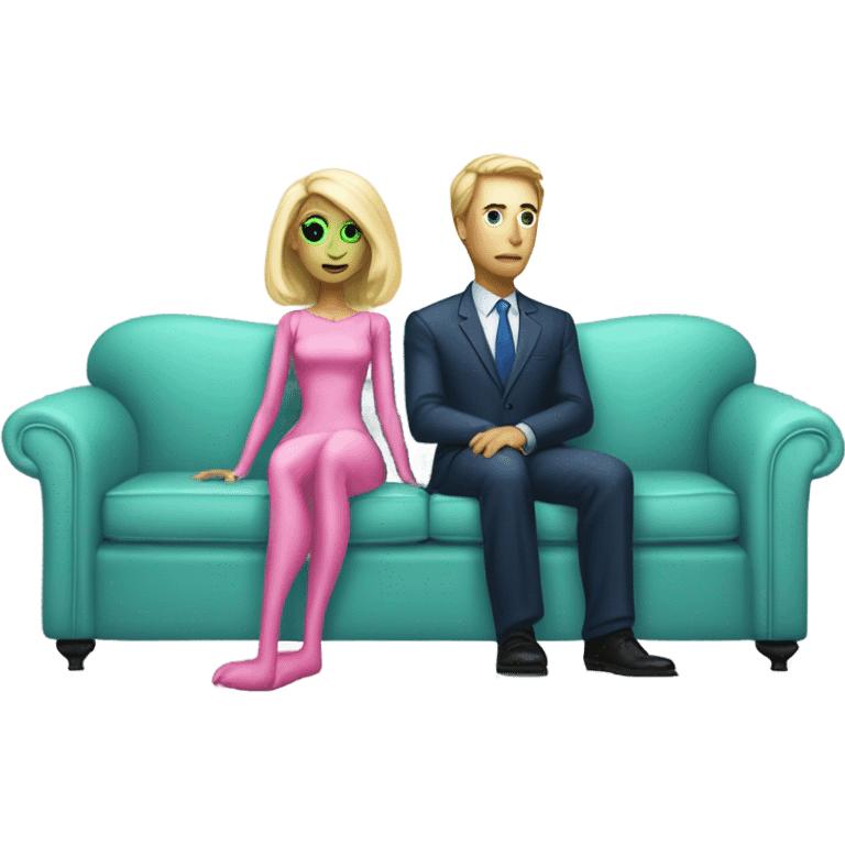 light green skin alien blonde woman in pink dress , and caucasian man in blue dress, sitting on a white couch  emoji