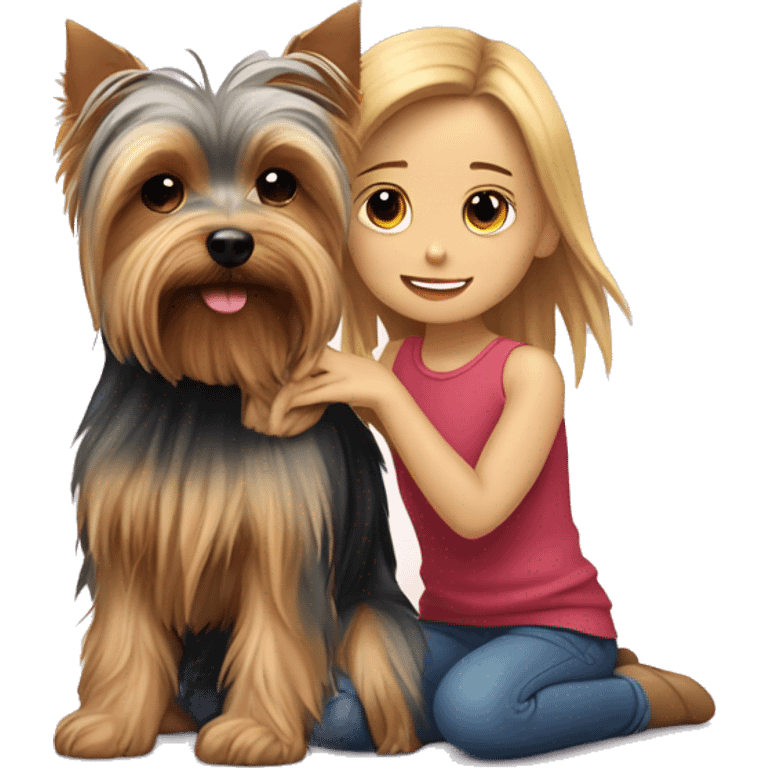 Yorkshire terrier in a cuddle with a girl.  emoji