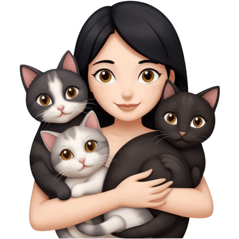 happy girl with black hair hugging three cats  (black cat, gray cat, brown calico cat) emoji