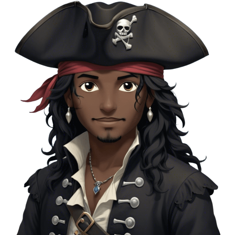 A charismatic pirate with wavy black hair that falls just past his shoulders, tousled slightly by the sea breeze. He wears a black tricorn hat with subtle silver embroidery along the edges, casting a shadow over his sharp, confident features. His piercing dark eyes glint with mischief as he gazes to the side, a knowing smile playing at his lips. His well-fitted black coat, adorned with polished silver buttons and intricate stitching, moves slightly with the wind, revealing glimpses of a deep-crimson waistcoat underneath. A silver chain dangles from his belt, catching the dim golden light of the setting sun. His posture is relaxed yet assured, exuding effortless charm as if he owns the sea itself. emoji