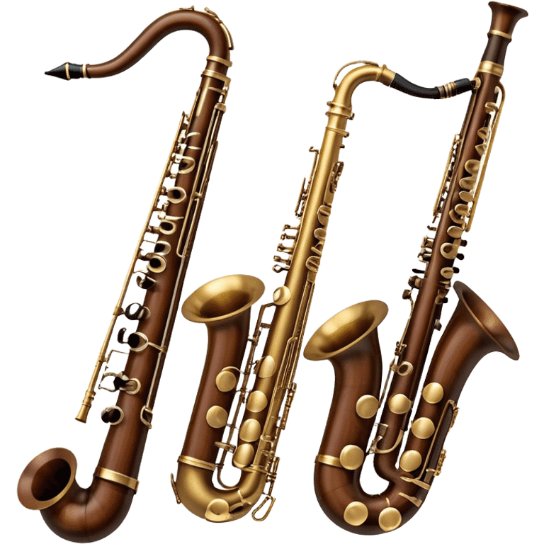 Create a refined and artistic emoji that represents lesser-known wind instruments. The design should feature a collection of unique wind instruments, such as a bassoon, oboe, or French horn, arranged elegantly. Add elements like musical notes to symbolize the harmony and beauty of these instruments. Use colors like bronze, silver, and dark wood tones to reflect the classic nature of the instruments. The background should be transparent. emoji