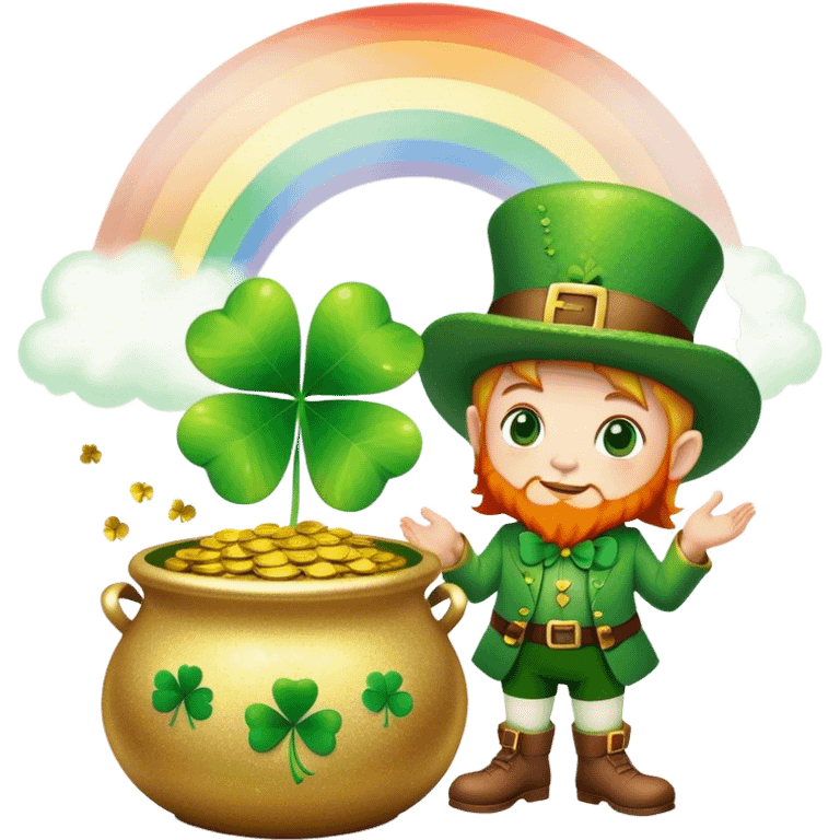 Green glittery four leaf clover with a little leprechaun standing beside the pot of gold with a rainbow  emoji