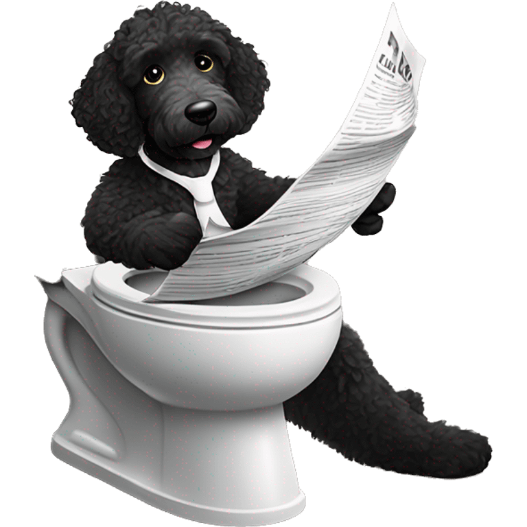 Emoji of a black Labradoodle with white spots on its chin and chest, sitting on a toilet, holding a newspaper in its front paws, looking relaxed and playful emoji