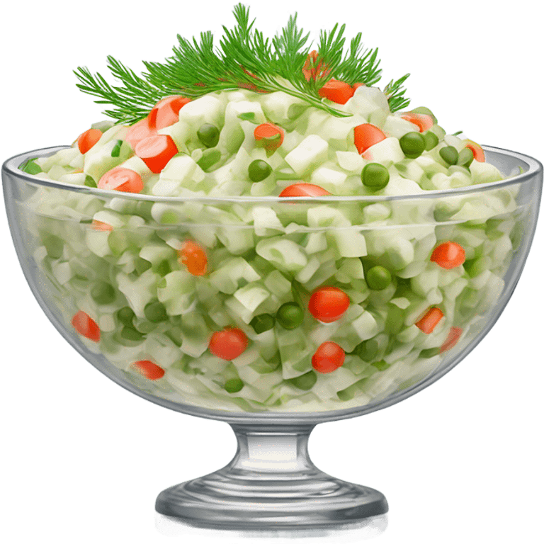 russian salad olivier on a crystal bowl, dill on top of a dish, view from the side  emoji