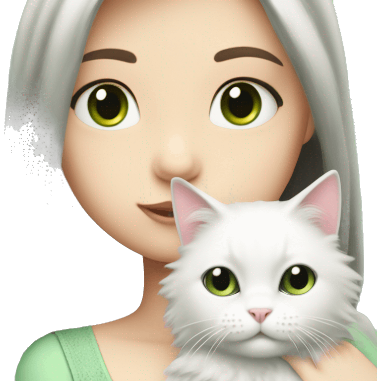 girl with pale skin, very long dark black hair and green eyes and light pink outfit hugging a white fluffy scottish cat emoji