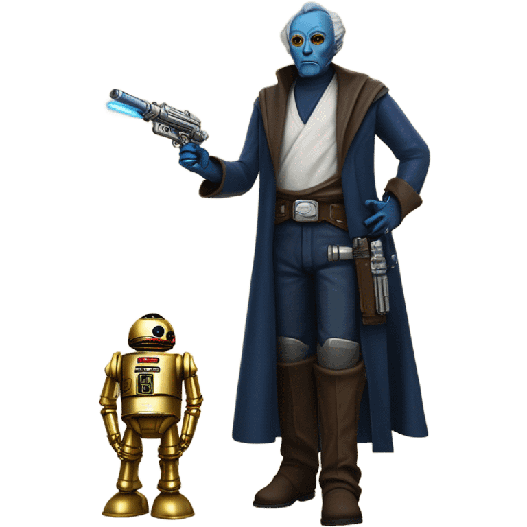 bounty hunter tarnished undercover tough well-equipped Jedi  life-sized darkblue-pearl C3po leather vest clothing pants and vest old west duster coat holding light saber sheriff holstered gu emoji