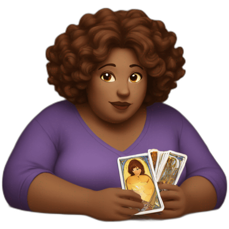 White big Woman, brown eyes, with short brown messy hair reading tarot card on a table emoji