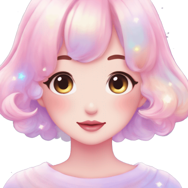 Gorgeous pastel anime style lady blushing nebula gradient sparkle face dreamy idol model colorful shiny stars galaxy kawaii cottagecore pearly petite simplistic aesthetic trending style emoji