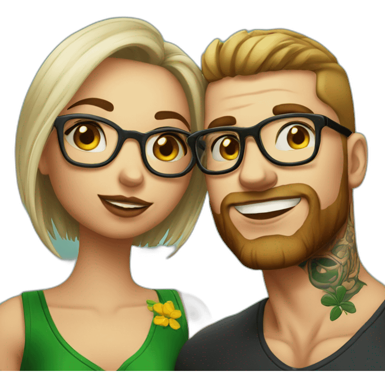 Brazilian girl with glasses kisses tattooed Irish guy emoji