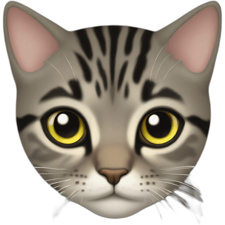  brown-grey cat with black striped pattern, age 4-5 months, eyes yellow-green, emoji