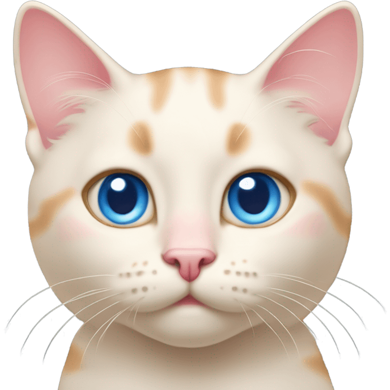 The face of a cream colored kitty with blue eyes, light orange marks and bright pink nose emoji