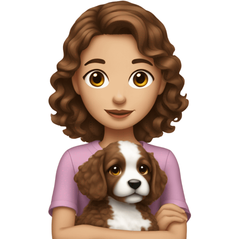 Beautiful sophisticated brown hair girl holding groodle puppy emoji