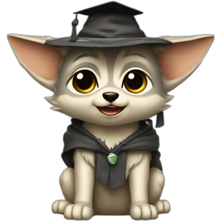 cuty wolf whole body sitted similar to baby yoda with a university mortarboard emoji