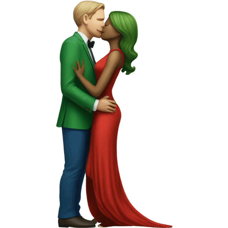 Beatiful tall green skin female reptilian in red dress, kissing white man in blue dress, full figure, full body emoji