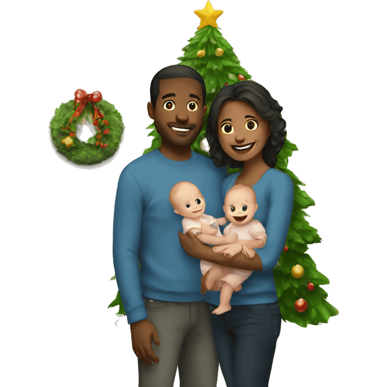 Couple standing by a Christmas tree holding a baby emoji