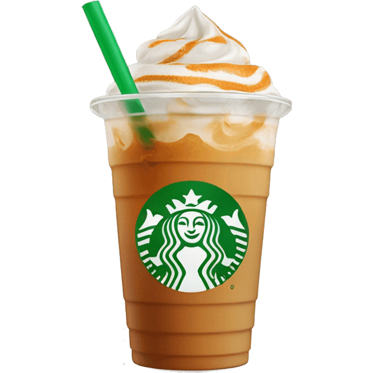 iced pumpkin spice latte in a clear cup with a green straw and a pumpkin logo emoji