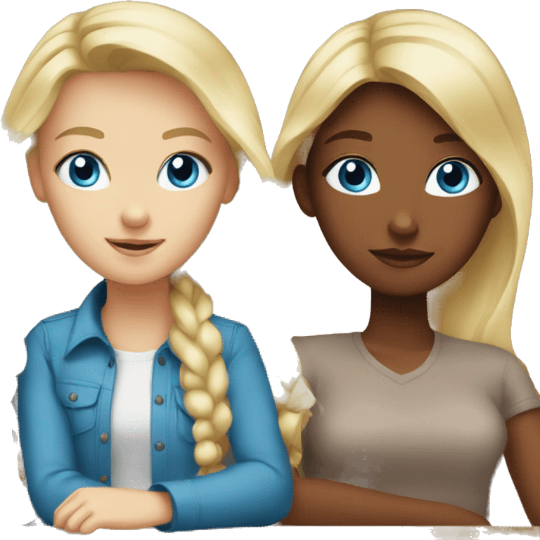 Blonde girl with blue eyes, 2 brown haired girls at a table emoji