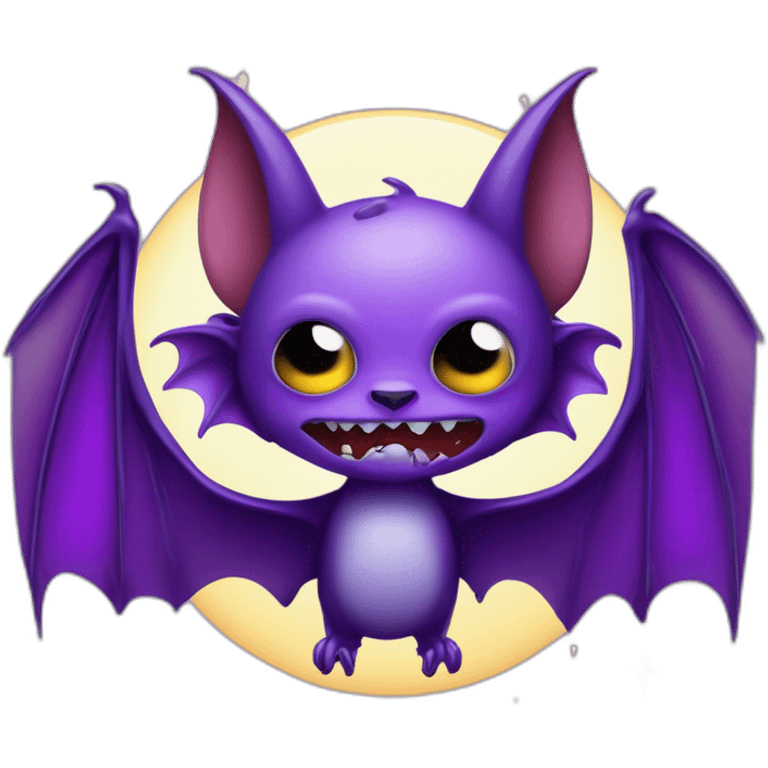 purple and black mad face vampire bat cartoon sparkle eyes wings flying in front of large dripping crescent moon emoji