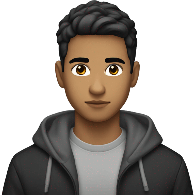 25-year old latino, light-brown skin, with black eyes and short hair, wearing a hoodie with a black long coat emoji