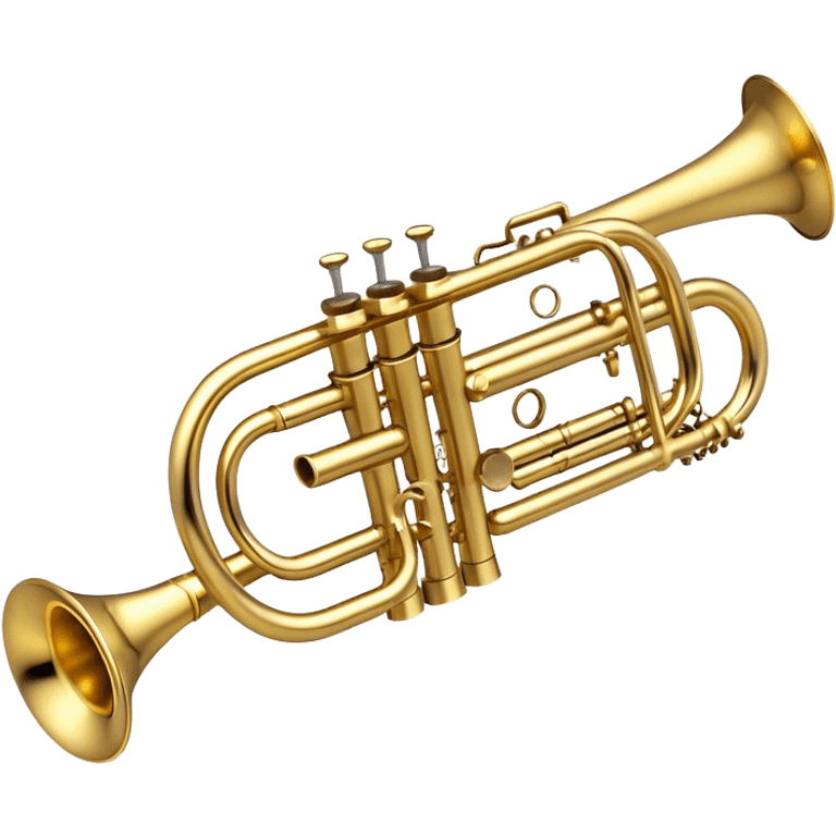 Create a sleek and professional emoji representing a Stomvi trumpet. The design should showcase the shiny, polished brass body of the trumpet with its distinct bell, valves, and tuning slides. Highlight the intricate keywork and the valve pistons, with detailed metallic accents and subtle reflections on the surface. The mouthpiece should be visible at the top of the instrument. Use golden and brass tones with light reflections to emphasize the smooth, high-quality finish. Add a few musical notes floating around the trumpet to evoke its bright and resonant sound. The background should be transparent. emoji