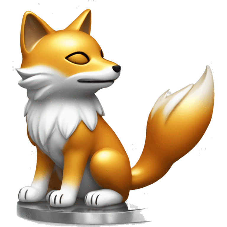 Fully chromed Maneki Neko-style fox statue in iOS emoji style, with smooth, rounded edges, reflective surface with soft light reflections. Minimalist features like the tail, raised paw, and coin. Plain white background to emphasize the chrome texture. emoji