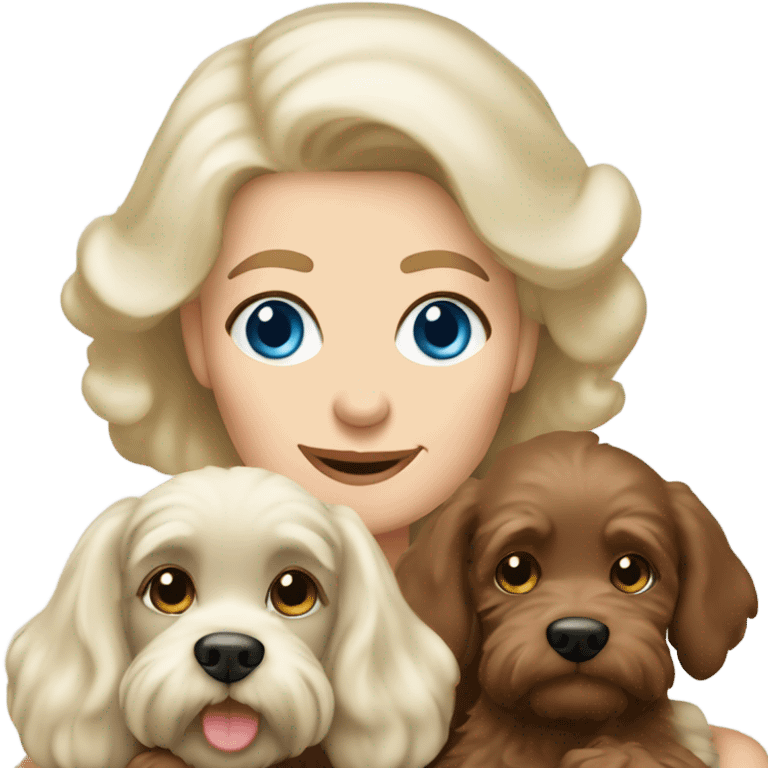 blue eyed old blonde lady with dark brown Cockapoo puppy dog emoji