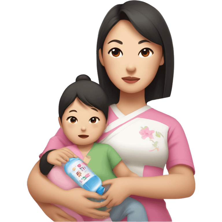 An Asian woman with white skin holds an Asian baby and a small child in her arms, in the other hand a bottle / pacifier with a mixture on the bottle the inscription "ANA" in pink color emoji