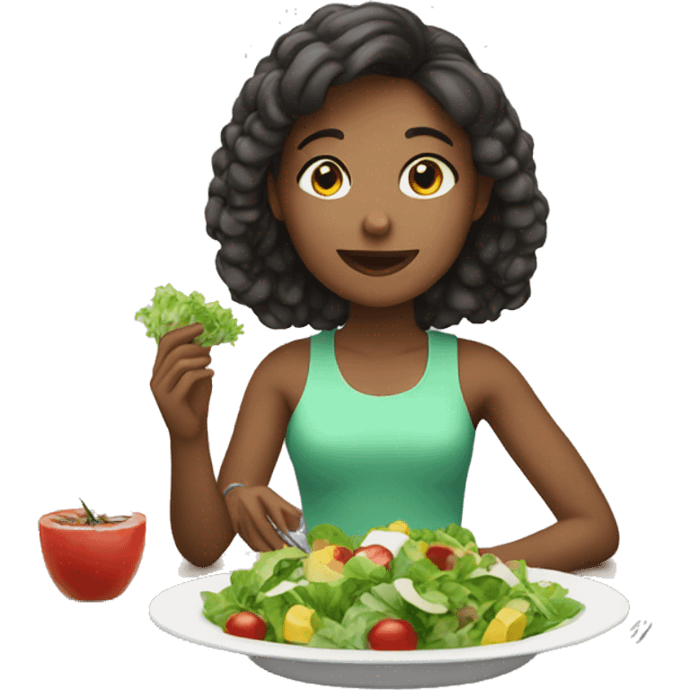 Girl eating salad on a table emoji