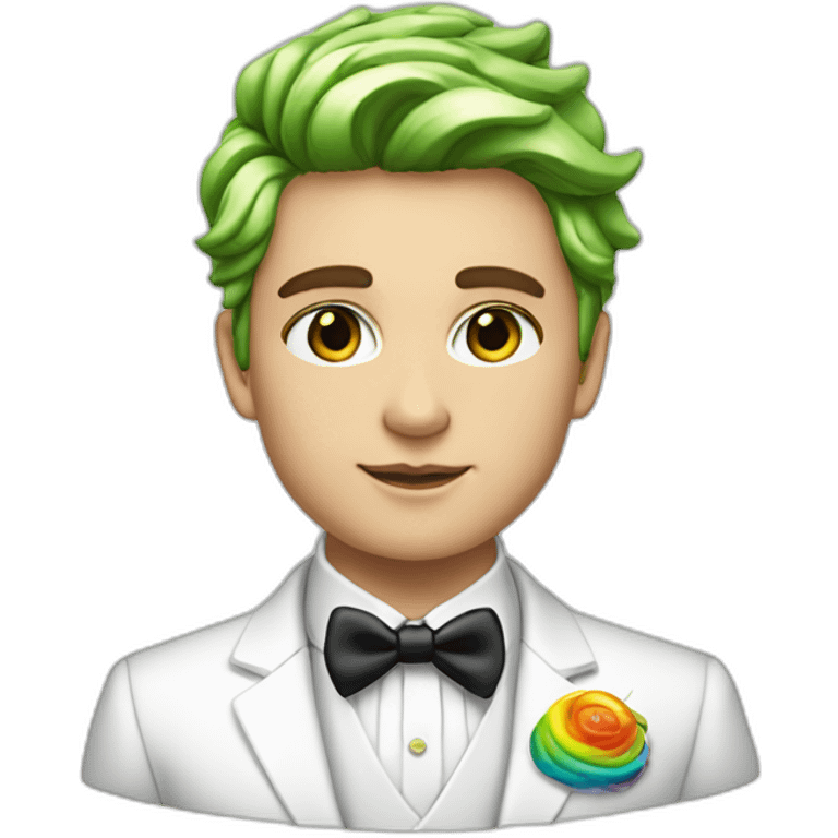 Posh-boy-with-white-suit-and-green-eyes-and-rainbow-unicorn-hair emoji