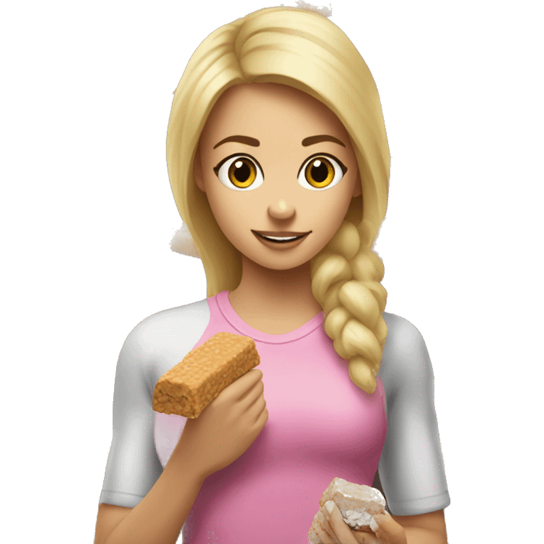 Side view realistic sporty blond girl eating protein bar  emoji