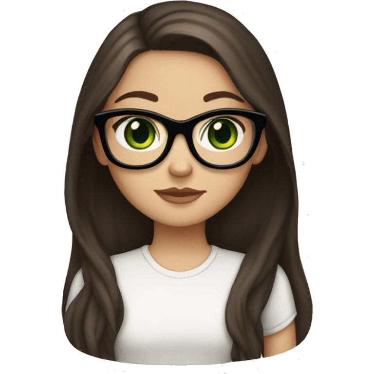 White girl with a dark brown long hair, green eyes,  and foxy glasses  emoji