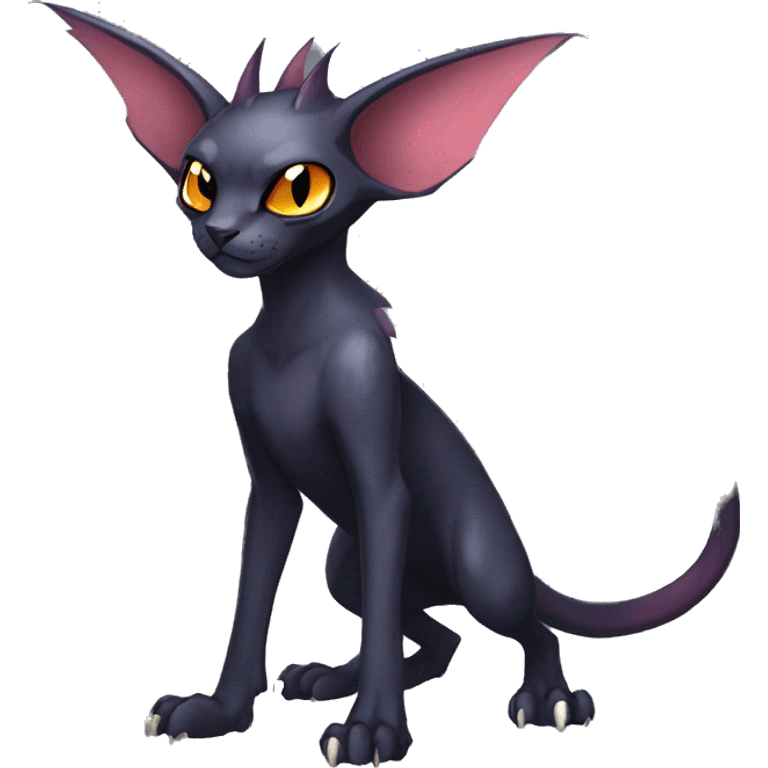 Black cool vampiric Noivern-Litten-Sphynx-Lykoi-Caracal-Fakemon with big bat ears full-body emoji