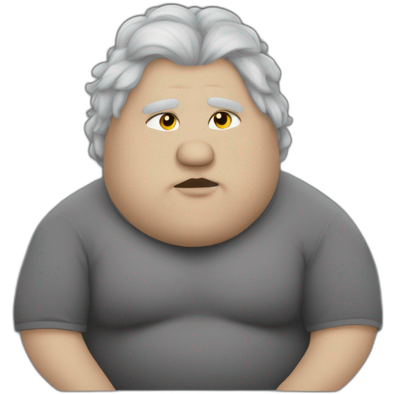 Fat Russian grey cut with golden eyes and a white spot of hair on the chest sitting like a person emoji