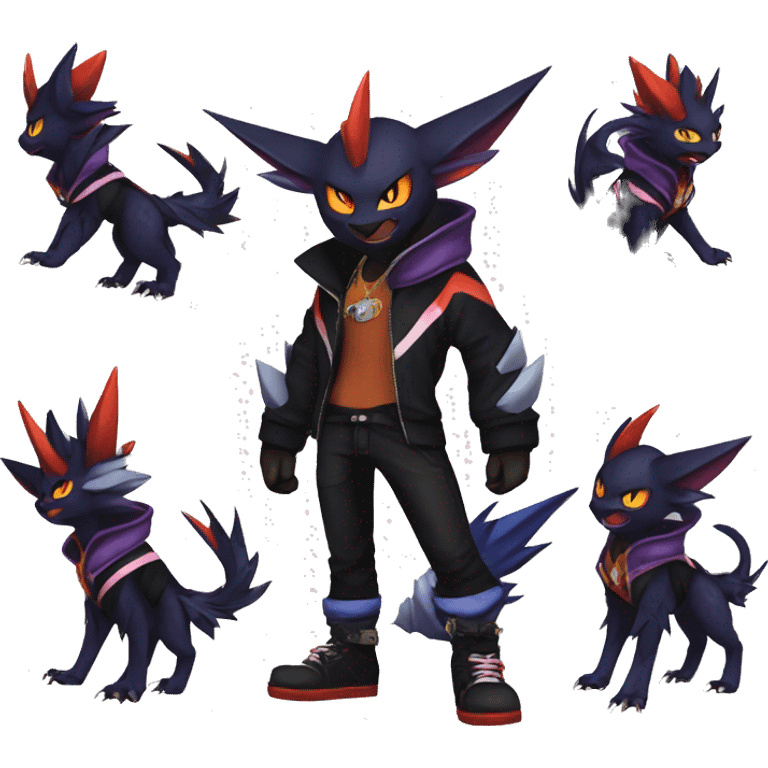 Cool Anthro Black Noivern-Absol-Litten-Pokémon with edgy stripes hoodie spiked collar punk Full Body emoji