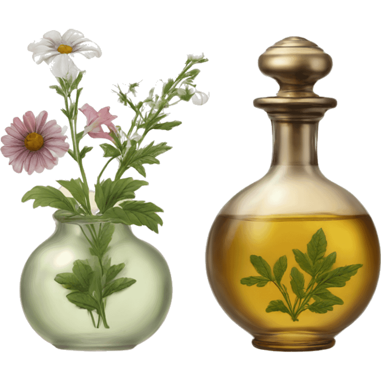 Two Antique oil perfume bottles with herbal and flowers emoji