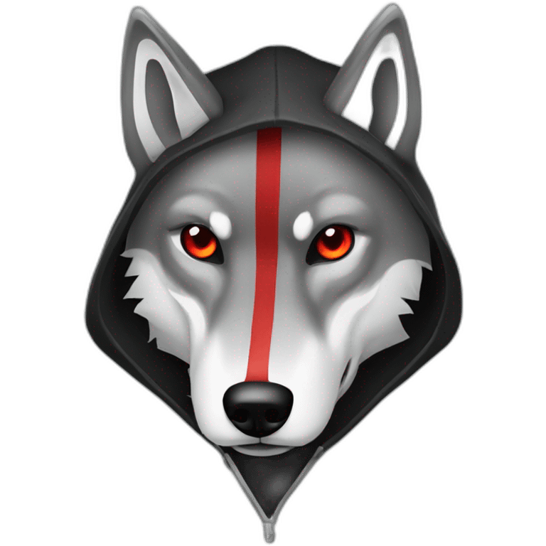 grey wolf with red eyes wearing a black hood holding  sickles emoji