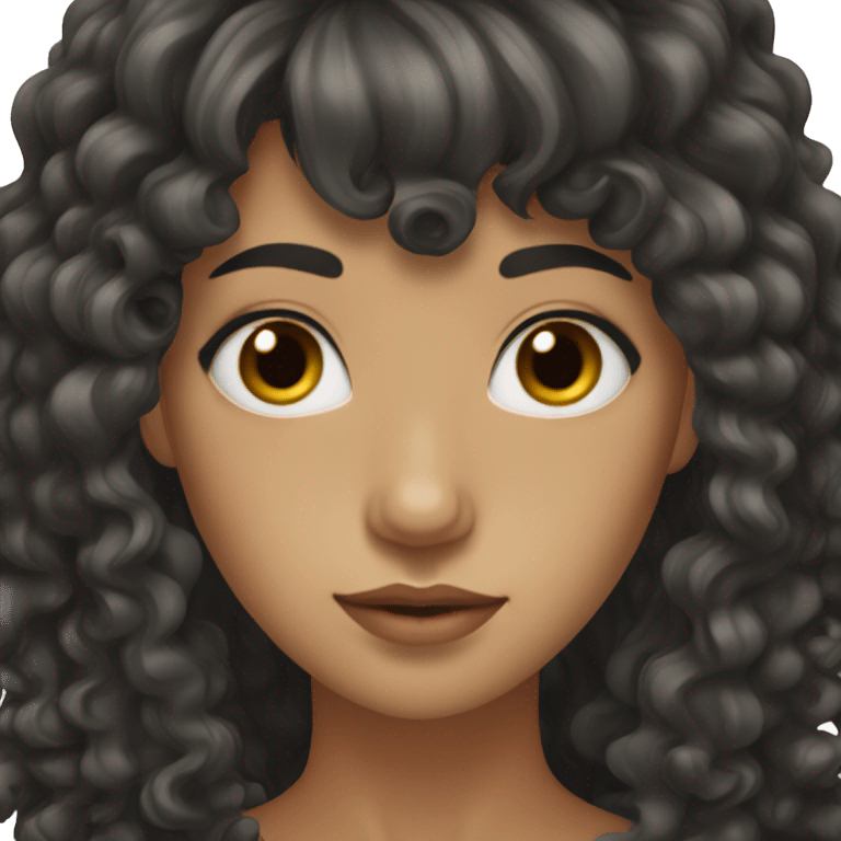 woman with long black curly hair and bangs and dark brown eyes emoji