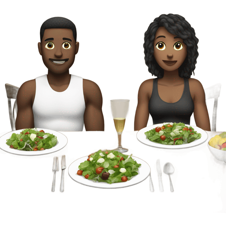 emoji Sporty white couple, man and woman in sportswear, sitting at Christmas festive dinner table only salads. behind them is a Christmas tree emoji