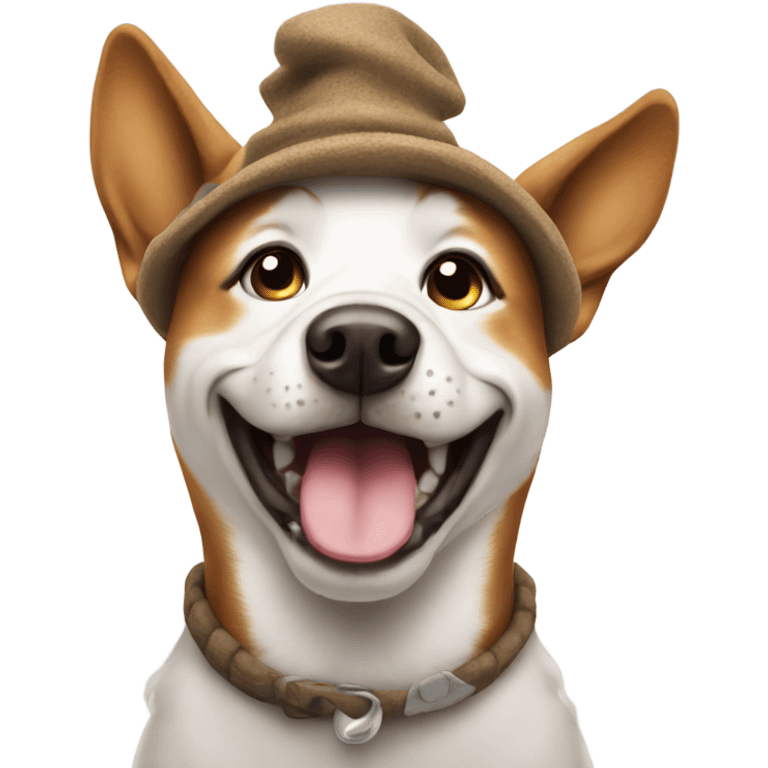 Happy dog wearing poop hat emoji