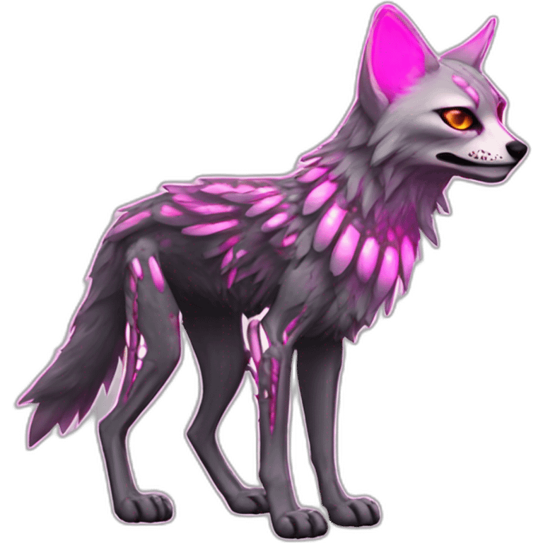 Coyote ocelot standing with grey and black fur and phoenix wings on back and pink ears half skeleton zombie, neon lights emoji