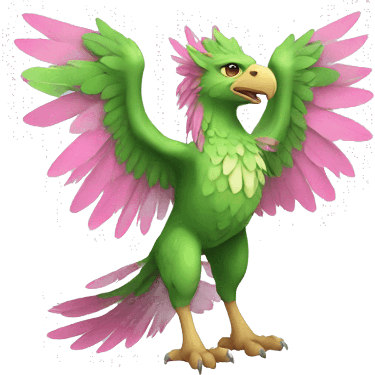 Full-body green gryphon with pink wings and pink tail-feathers emoji