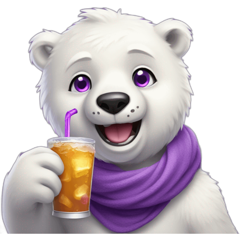 Happy Male Anthro polar bear purple eyes, drinking soda emoji